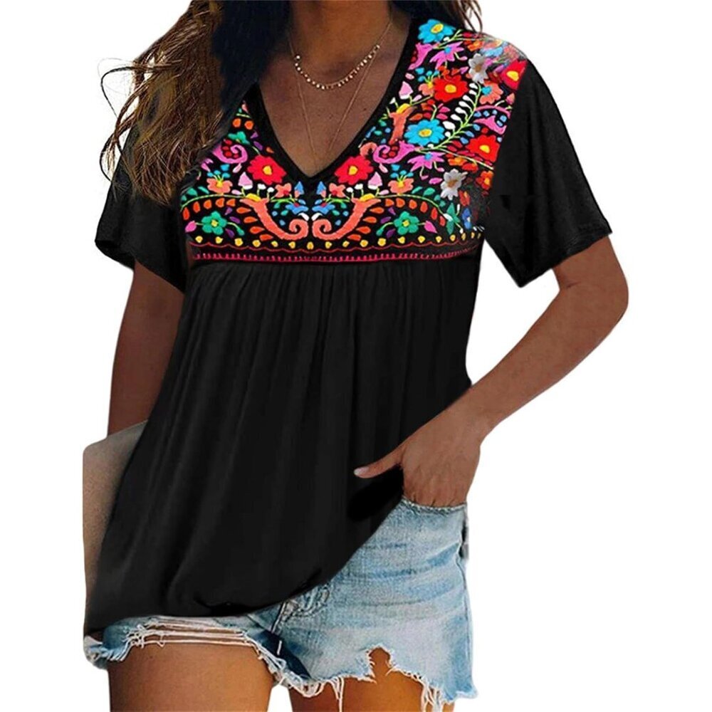 Women's Mexican Embroidered Peasant Top Short Sleeve Floral Pleated Tee